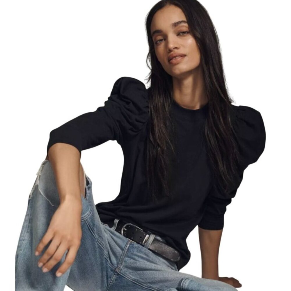 Nation Los Angeles Zeta Puff-Sleeve Top Gold Snaps Anthropologie Anthro Black XS